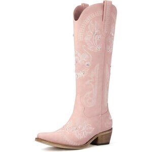 Women Polyurethane Light Pink Rhinestone Embroidered Chunky Heel Knee High Boots